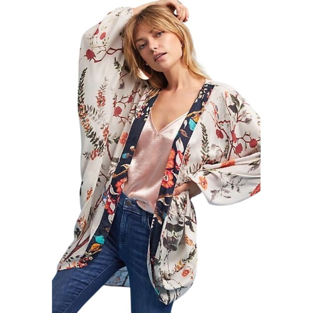 Floreat Anthropologie Floral Bird Print Kimono Wrap Cardigan Modal Cream OS